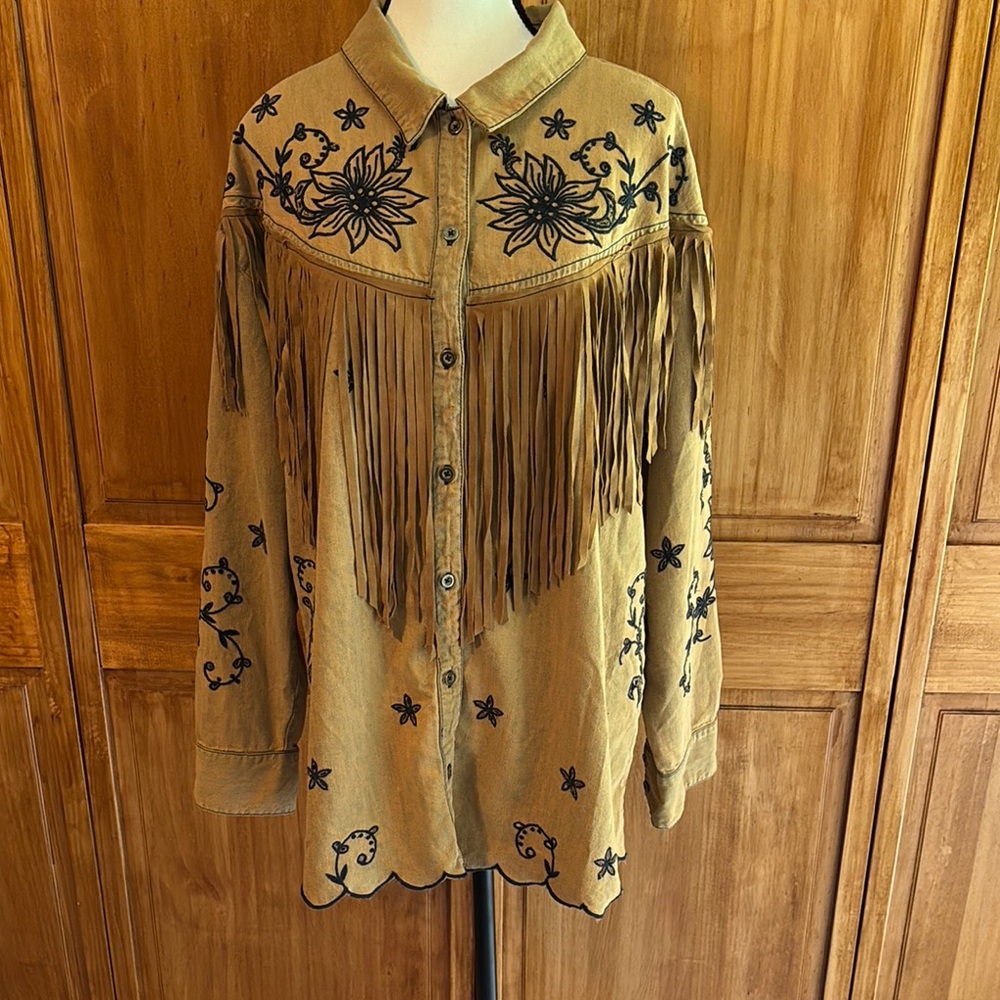 Free People Tan Fringe Shirt with Navy Embroidery